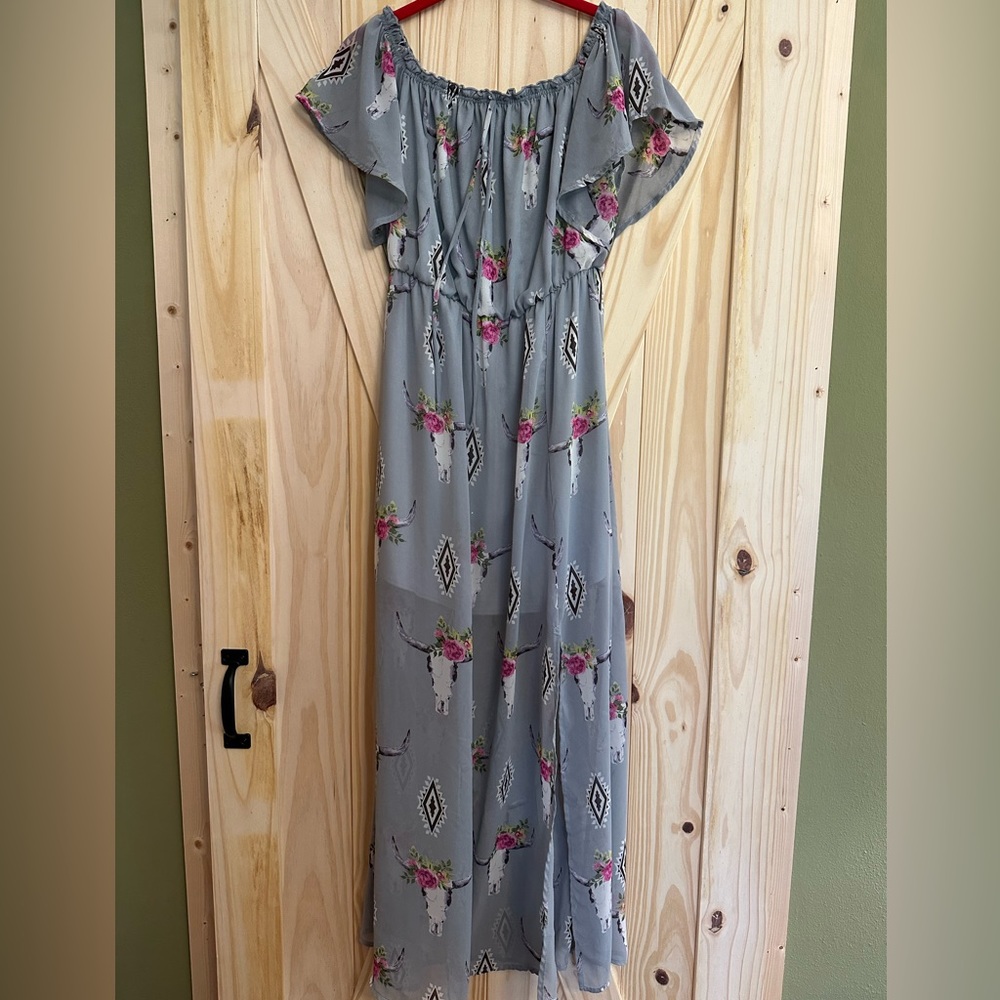 Off the shoulder floral cow skull dress